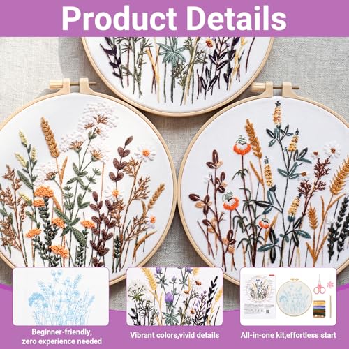 6 Pack Embroidery Kit for Beginners and Adults, Flower Cross Stitch Kits Needlepoint Kits, Hand Embroidery Kit Includes 6 Floral Embroidery Patterns, 1 Embroidery Hoop, Instructions and Other Tools