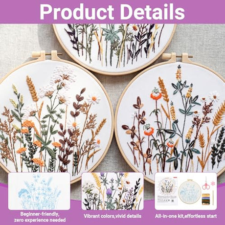 6 Pack Embroidery Kit for Beginners and Adults, Flower Cross Stitch Kits Needlepoint Kits, Hand Embroidery Kit Includes 6 Floral Embroidery Patterns, 1 Embroidery Hoop, Instructions and Other Tools Hokoad