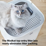 Modkat® Litter Box, Top-Entry, Full Height Seamless Base, Reusable Litter Liner, Sifting Litter Scoop, 2X Bamboo Charcoal Filters - White Modkat