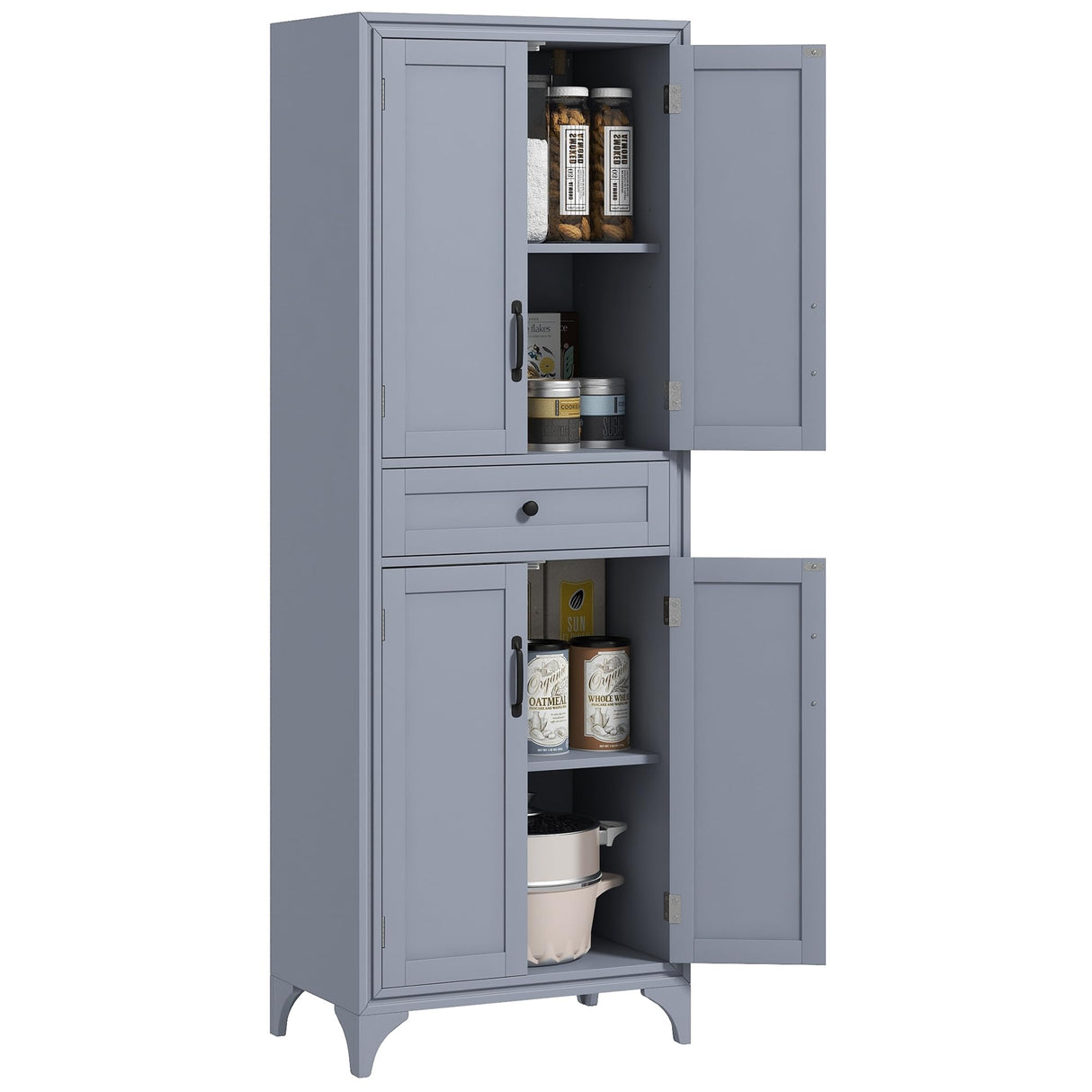 HOMCOM 67" Tall Freestanding Kitchen Pantry Cabinet, 4-Door Storage Cabinet with Drawer and Adjustable Shelves for Dining Room, Gray HOMCOM