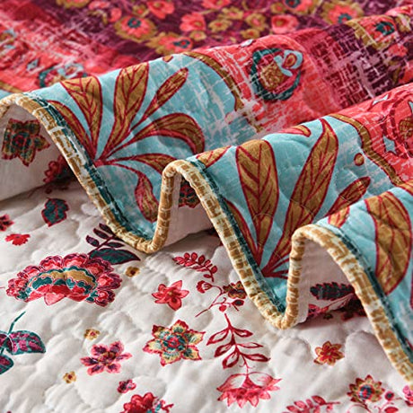 Boho Style Twin Size Quilt Set Reversible Bohemian Floral Strip Quilt Beddding Set, Soft and Lightweight Bedspread for All Season,XL Twin Bed Coverlet with 1 Matching Pillow Sham (2 Pieces) HORIMOTE HOME