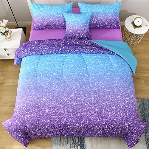 JQinHome Full Blue Purple Comforter Set, 6 Piece Bed in A Bag 3D Colorful Ombre Bedding Set for Girls Women (1 Comforter,2 Pillowcases,1 Flat Sheet,1 Fitted Sheet,1 Cushion Cover)(Blue Purple) JQinHome