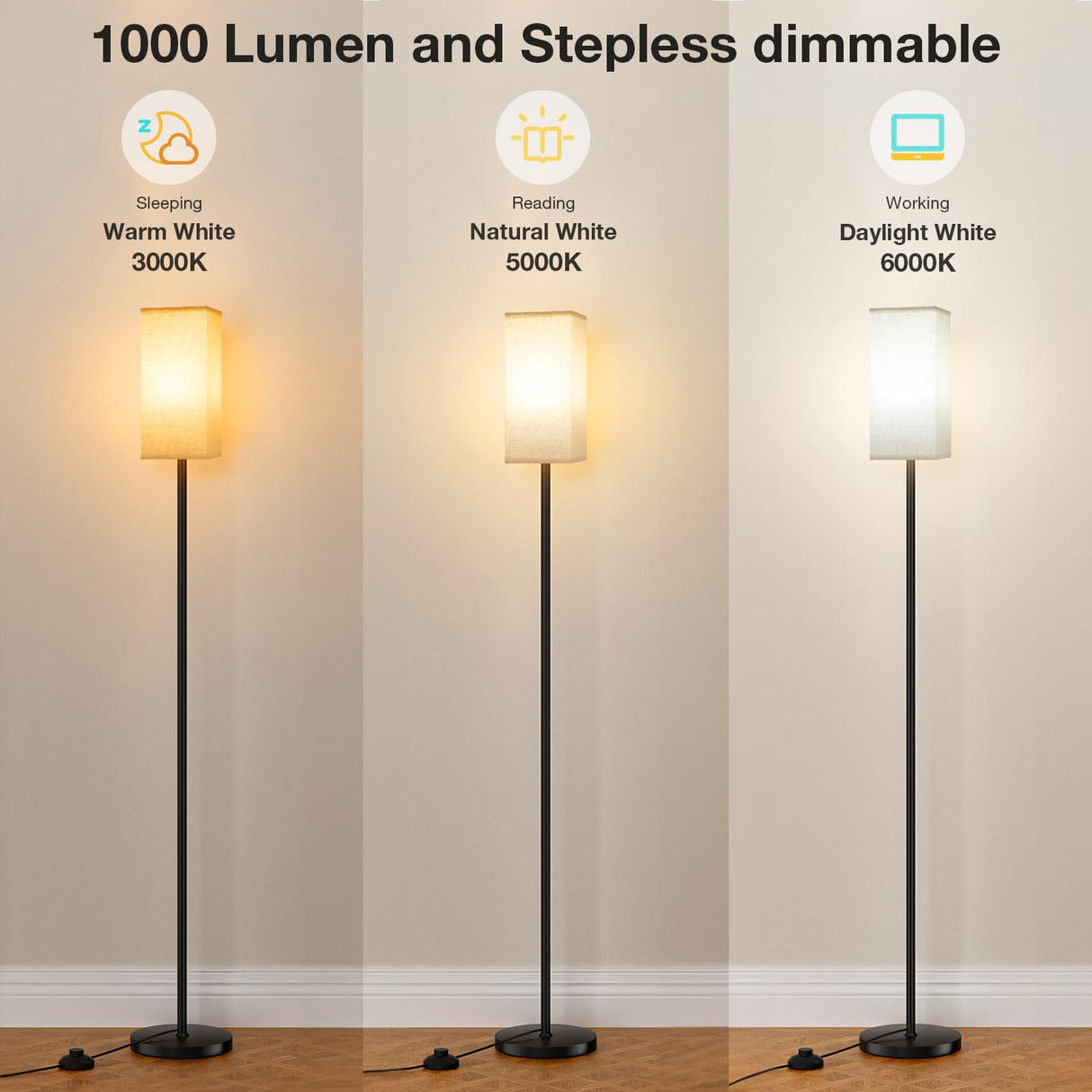 Ambimall Floor Lamps for Living Room & Remote Control, 9W Stepless Dimmable Bulb, Foot Switch, 64'' Tall Standing Lamp, Beige Lampshade(Black) Ambimall