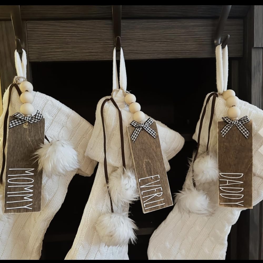 Wood Stocking Name Tags, Personalized Stocking Tags, Farmhouse Christmas Stocking Tag, White and Black Buffalo Check Appalachian Artisans