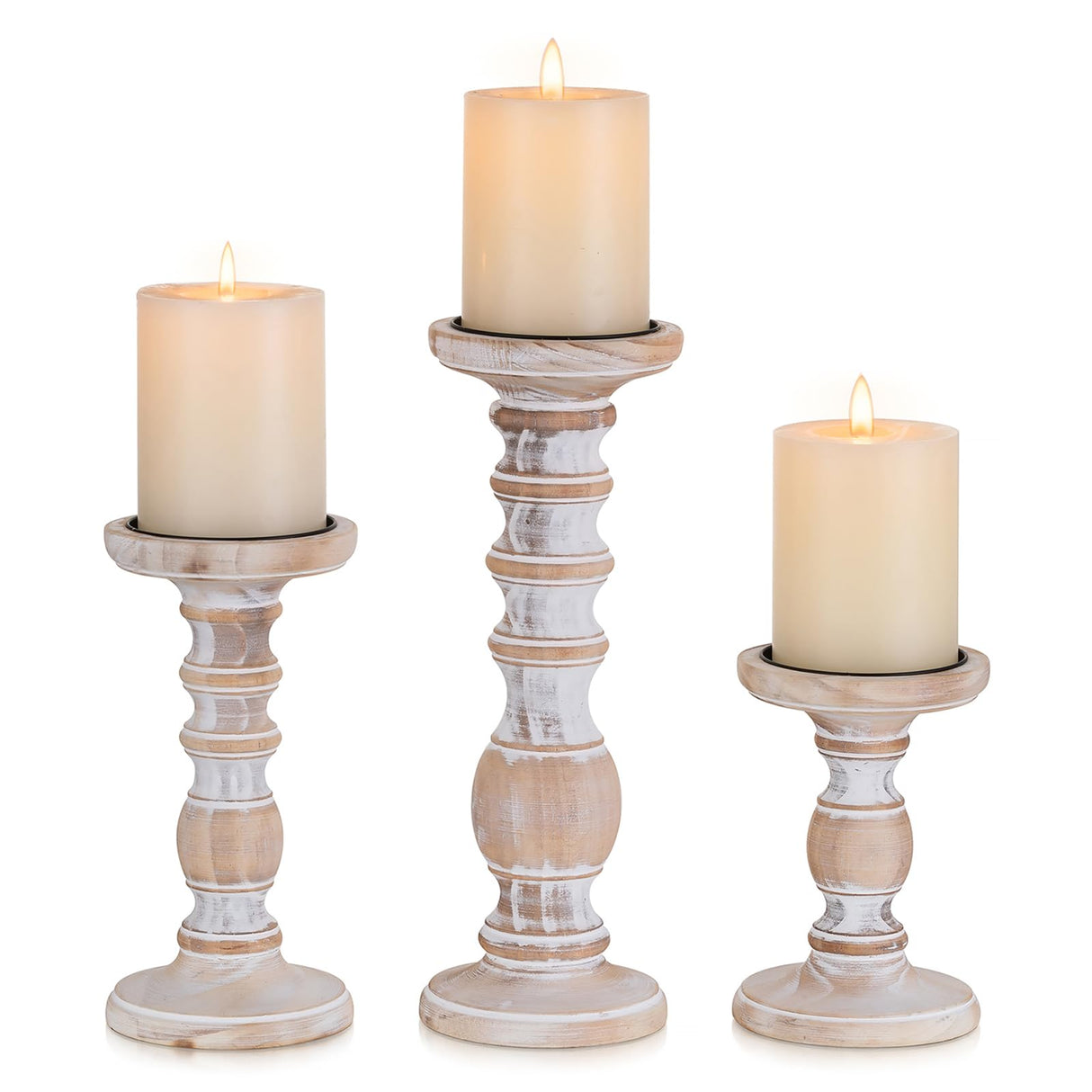 Wood Candle Holders for Pillar Candles: 3Pcs White Rustic Wood Candle Holders Distressed Wooden Farmhouse Candle Holders Rustic Candle Holder Tall Pillar Candle Holder Stand for Fireplace Table Inweder