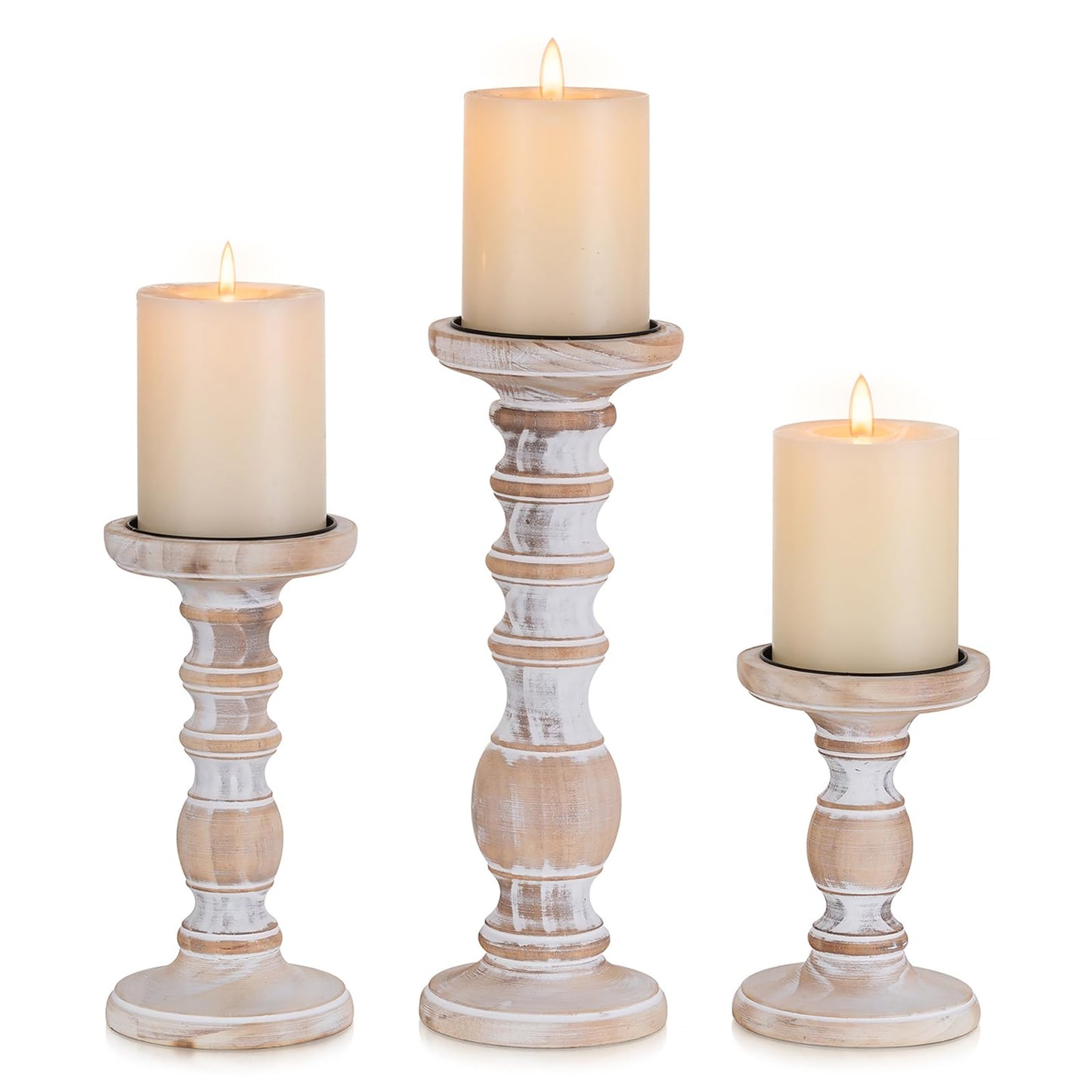 Wood Candle Holders for Pillar Candles: 3Pcs White Rustic Wood Candle Holders Distressed Wooden Farmhouse Candle Holders Rustic Candle Holder Tall Pillar Candle Holder Stand for Fireplace Tab - WoodArtSupply