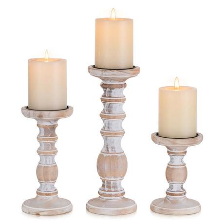 Wood Candle Holders for Pillar Candles: 3Pcs White Rustic Wood Candle Holders Distressed Wooden Farmhouse Candle Holders Rustic Candle Holder Tall Pillar Candle Holder Stand for Fireplace Table Inweder