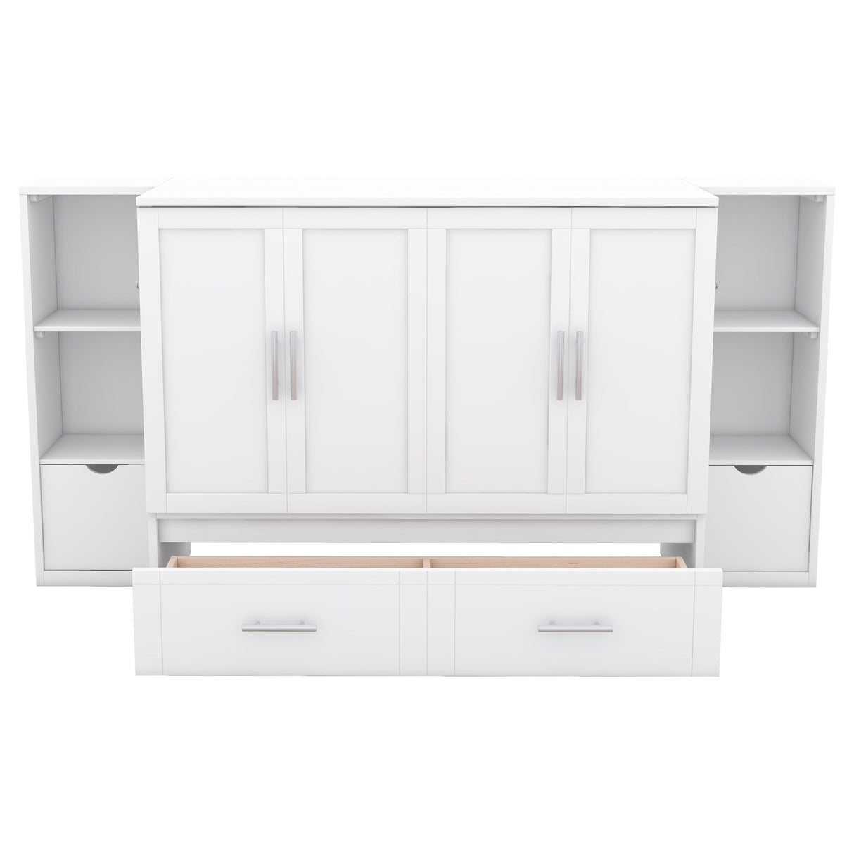 Ball & Cast Full Size Murphy Bed,Cabinet Hideaway with Shelves and Drawers,Wood Wall Bed can be Folded w/USB Ports,Easy Assembly,Platform Bedframe for Kids Bedroom,Student Dorms,White Ball & Cast