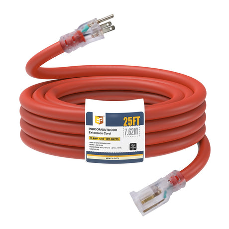 EP 25 Ft Lighted Outdoor Extension Cord - 10/3 SJTW Heavy Duty Orange Extension Cable with 3 Prong Grounded Plug for Safety, UL Listed EP