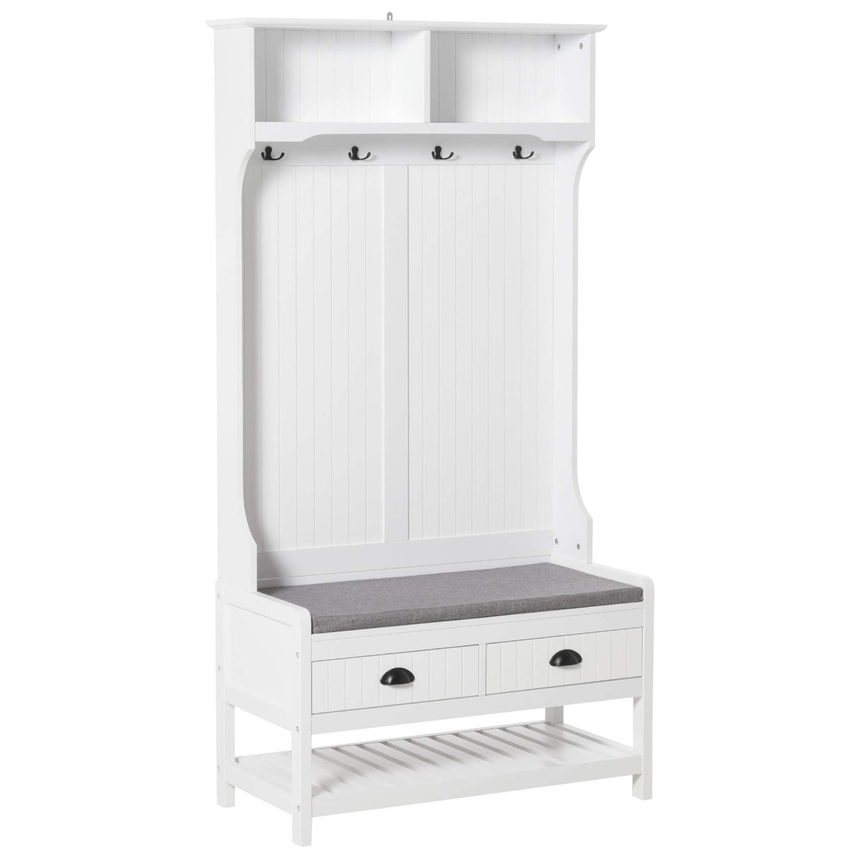 HOMCOM 3-in-1 Hall Tree, Entryway Bench with Coat Rack, Mudroom Bench with Shoe Rack, 2 Storage Drawers, 4 Hooks and Padded Seat Cushions for Hallway, White HOMCOM
