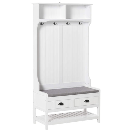 HOMCOM 3-in-1 Hall Tree, Entryway Bench with Coat Rack, Mudroom Bench with Shoe Rack, 2 Storage Drawers, 4 Hooks and Padded Seat Cushions for Hallway, White HOMCOM