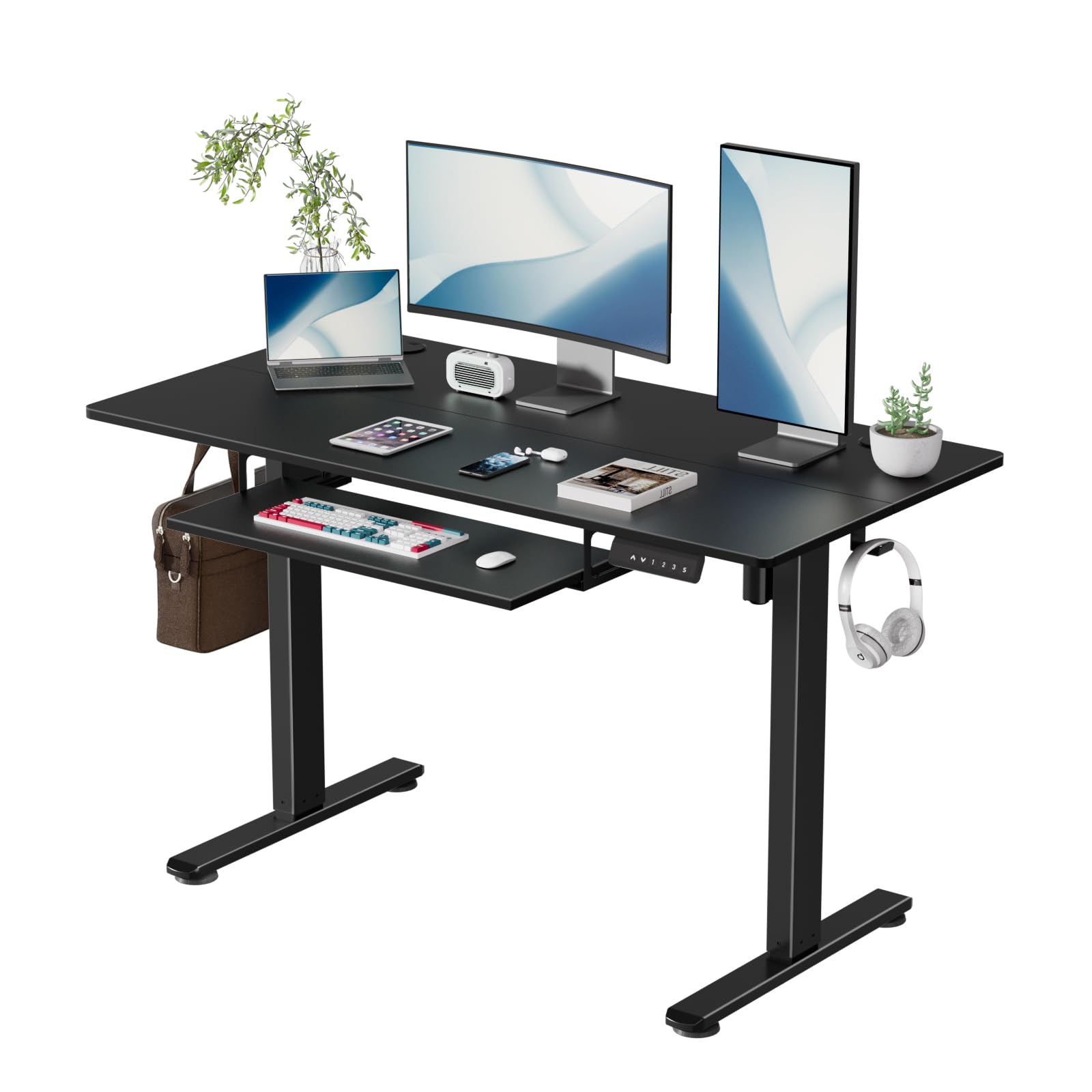 CROWNFURN Electric Standing Desk with Keyboard Tray, Adjustable Height Stand Up Desk for Home Office, 55x24 Inches Sit Stand Desk Computer Workstation, Black Frame & Desktop - WoodArtSupply