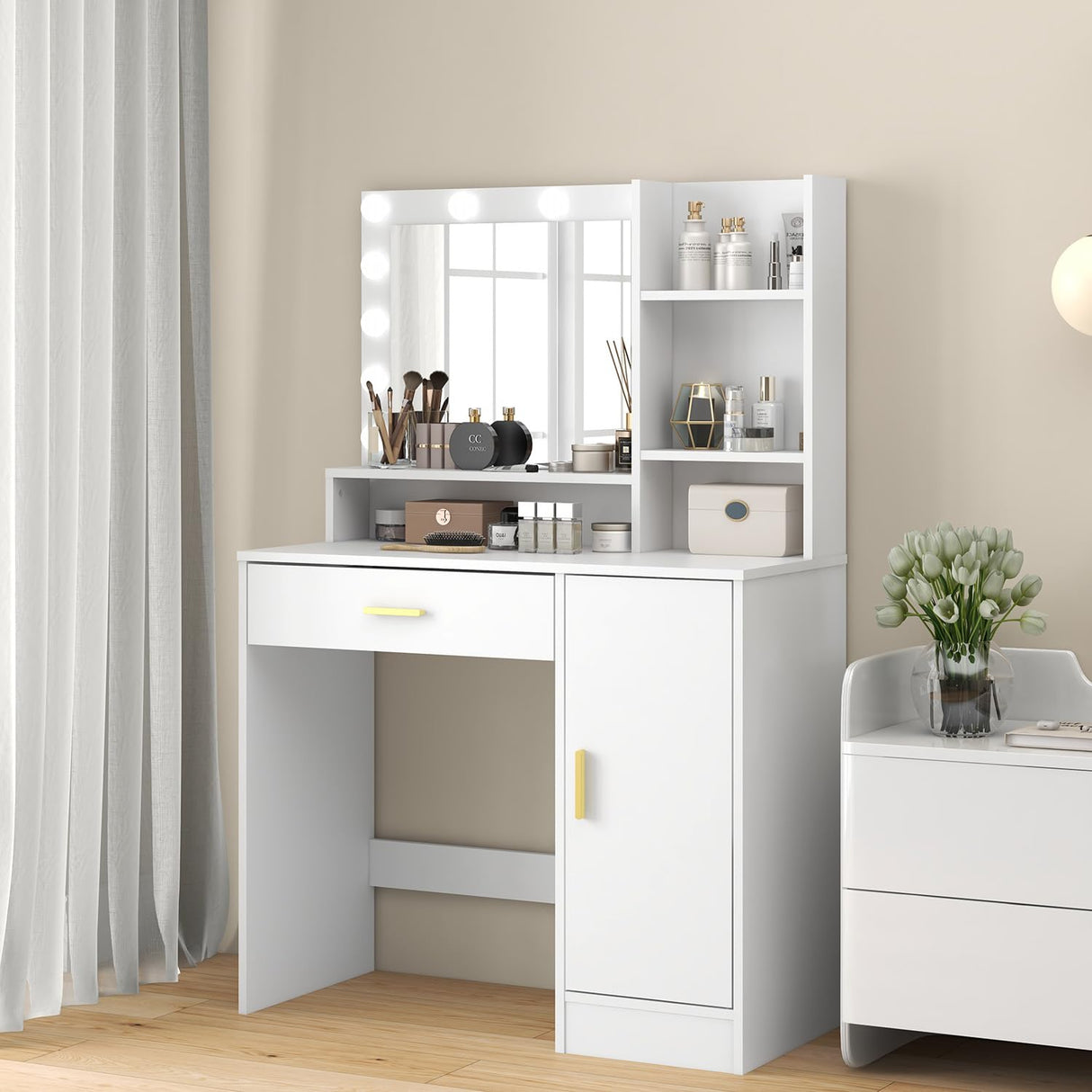 Vanity Desk, Vanity Mirror with Lights and Table Set with 1 Big Drawers, 1 Cabinet & 4 Shelves Makeup Vanity Set 3 Lighting Modes Brightness Adjustable Dressing Table (White) Panana