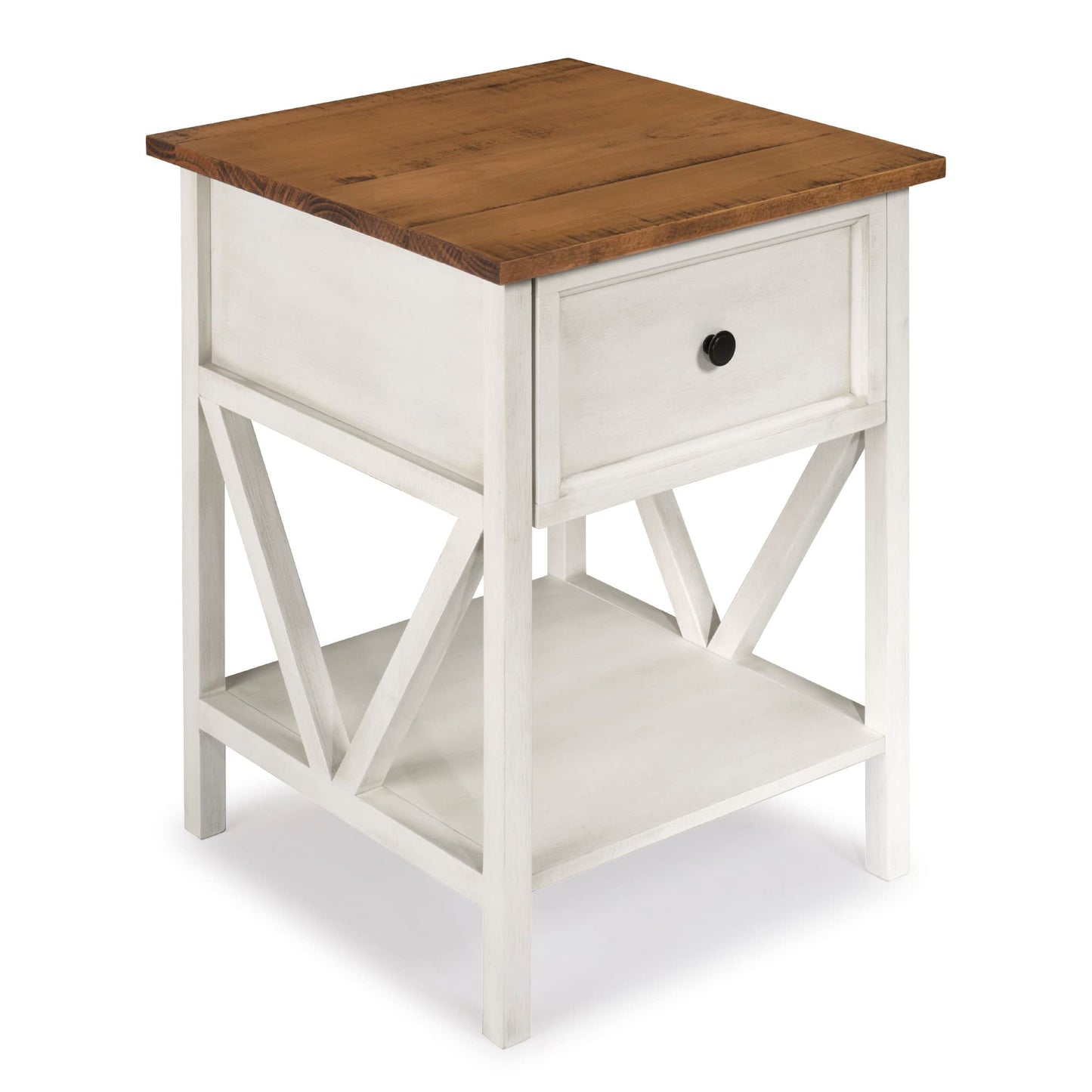 Walker Edison Natalee Modern Farmhouse 1 Drawer Wood Square Side Table Living Room Small End Accent Table, 19 Inch, Rustic Oak and White - WoodArtSupply