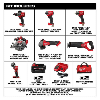 Milwaukee M18 FUEL 18V Lithium-Ion Brushless Cordless Combo Kit with Two 5.0 Ah Batteries, 1 Charger, 2 Tool Bags (7-Tool) - WoodArtSupply