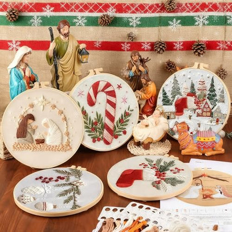 QBQBQ 4 Sets Christmas Embroidery Kits for Adults, Embroidery Kit for Beginners, Cross Stitch Kits for Beginners with Pattern, Needles, Threads, Tools (Christmas Kits B) QBQBQ