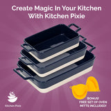 Casserole Dish Set - 3 Ceramic Baking Dishes for Oven with Silicone Oven Mitt - Rectangular Bakeware is Microwave, Freezer and Dishwasher Safe - Cooks Evenly and Saves Space with Nesting Design Kitchen Pixie
