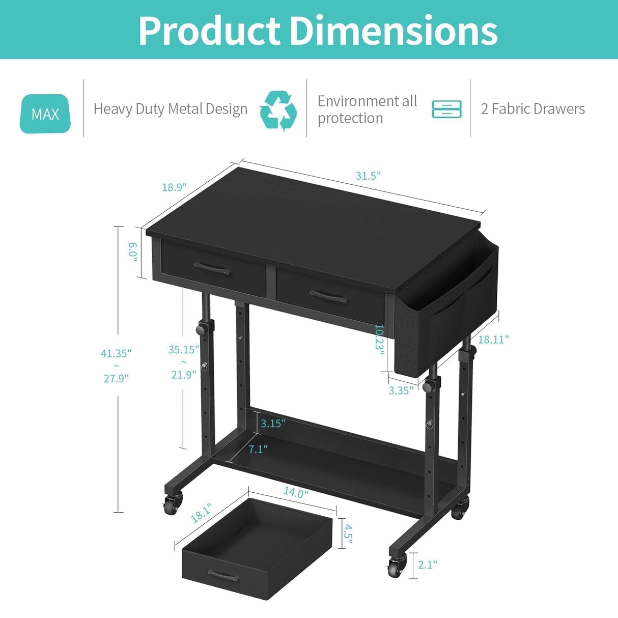 Small Portable Rolling Standing Desk - 32 Inch Adjustable Mobile Stand Up Teacher Desks with 2 Fabric Drawers on Wheels for Classroom, Couch Sofa Side Laptop Table with Storage for Home Office, Black WINAZ