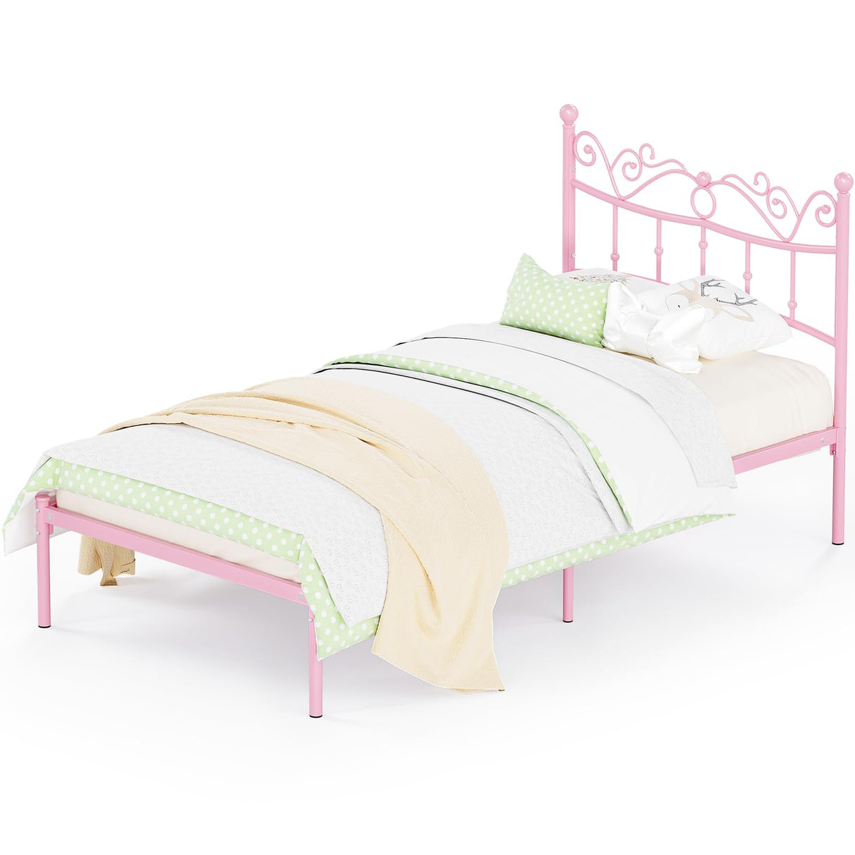 Merronix Twin Bed Frames with Headboard, Elegant Metal Pink Bed Frame for Kids Girls, Modern Heavy Duty Twin Size Platform Bed - No Box Spring Needed, 11.2 Inches Height Underneath Storage Merronix
