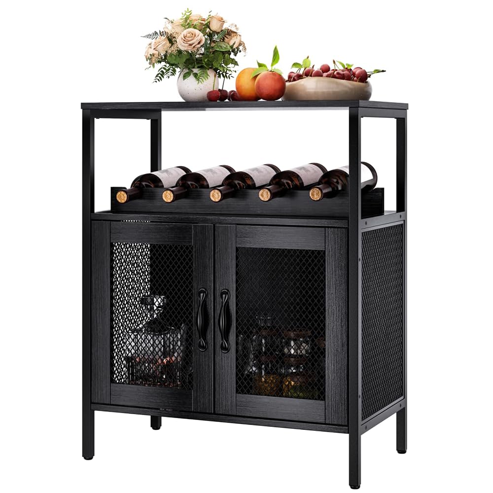 EvaStar Liquor Cabinet with Removable Wine Rack, Industrial Wine Bar Cabinet, Small Home Bar Cabinet with Metal Mesh Doors, Wine Storage for Living Room, Black