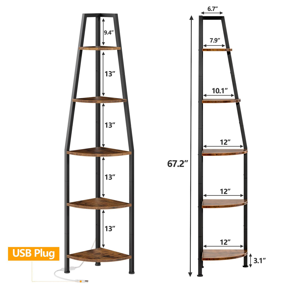 Furnulem 5 Tier Corner Shelf with LED Light, 67.2” Tall Standing Shelf for Wall Corner, Narrow Bookshelf Ladder Shelf for Bedroom, Living Room, Plant, Wood Storage Rack, Metal Frame (Rustic Brown) Furnulem