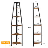 Furnulem 5 Tier Corner Shelf with LED Light, 67.2” Tall Standing Shelf for Wall Corner, Narrow Bookshelf Ladder Shelf for Bedroom, Living Room, Plant, Wood Storage Rack, Metal Frame (Rustic Brown) Furnulem