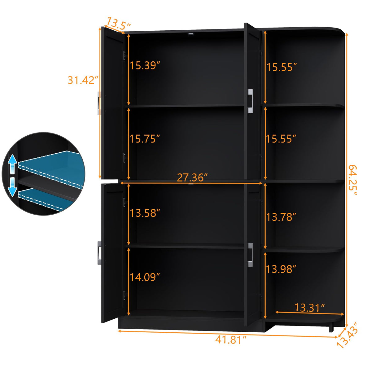 Loomie Kitchen Pantry Storage Cabinet, 64" Tall Freestanding Cupboard with Doors & Adjustable Shelves, Food Pantry Cabinet with 5-Tier External Shelf for Dining Room, Living Room (Black) Loomie