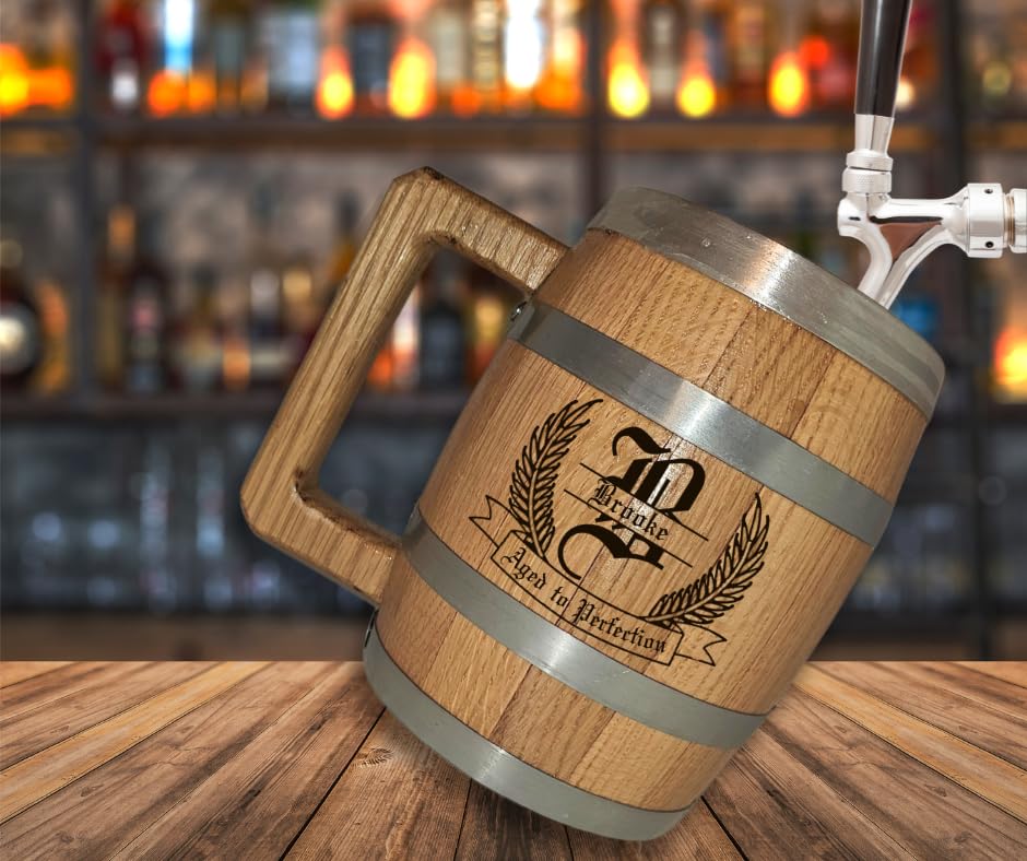 LAS VILLAS DESIGNS Personalized Oak Wood Barrel Beer Mug Tankard with Stainless Steel Interior - Engraved with Your Name - WoodArtSupply