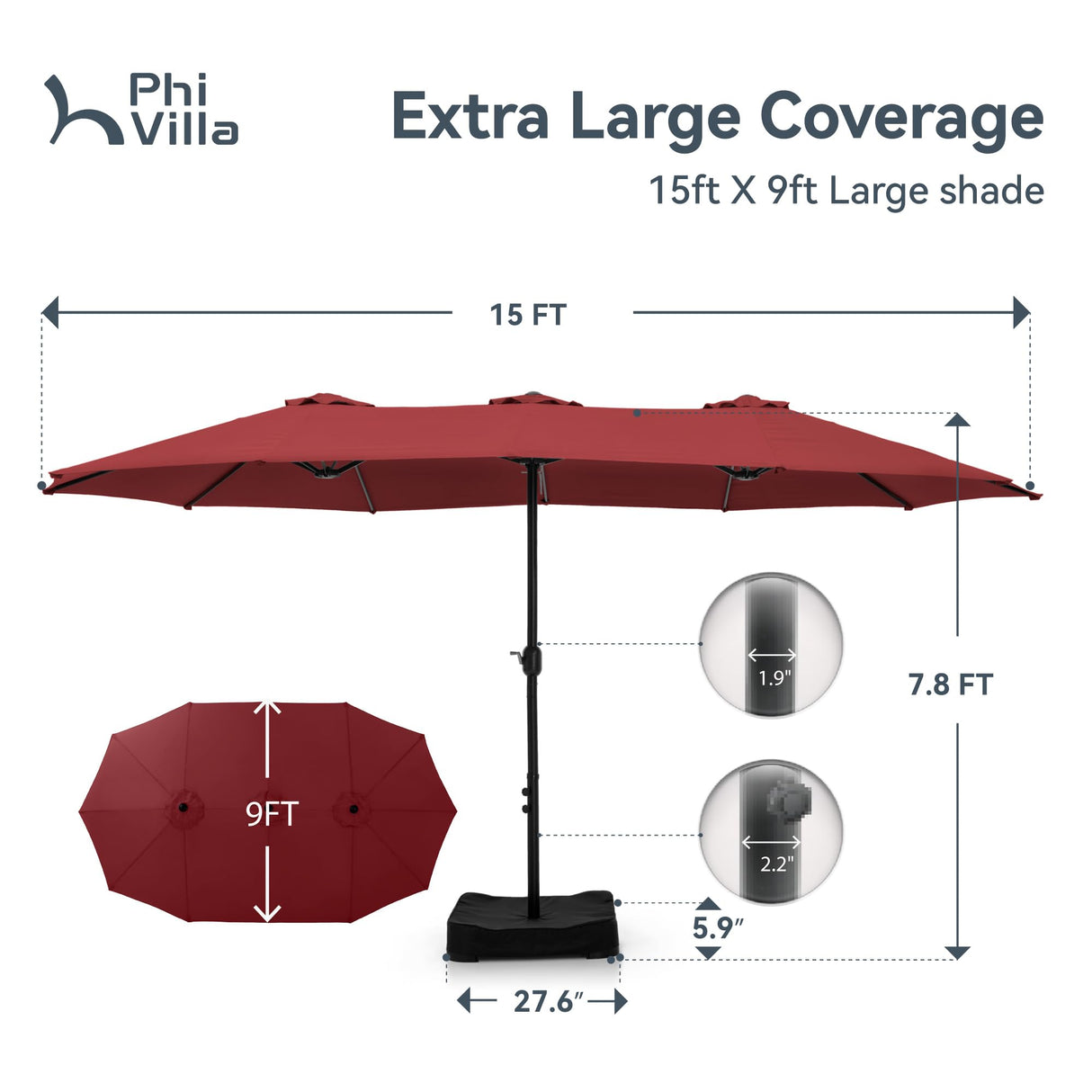 PHI VILLA 15ft Patio Umbrella Double-Sided Outdoor Market Extra Large Umbrella with Crank, Umbrella Base Included (Dark Red) PHI VILLA