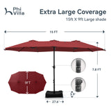 PHI VILLA 15ft Patio Umbrella Double-Sided Outdoor Market Extra Large Umbrella with Crank, Umbrella Base Included (Dark Red) PHI VILLA