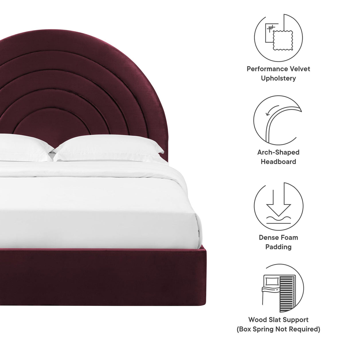 Modway Solana Queen Size Performance Velvet Platform Bed in Mulberry – Upholstered Bed Frame with Soft Arch Shaped Padded Headboard - Plinth Base Platform Bed Frame Modway