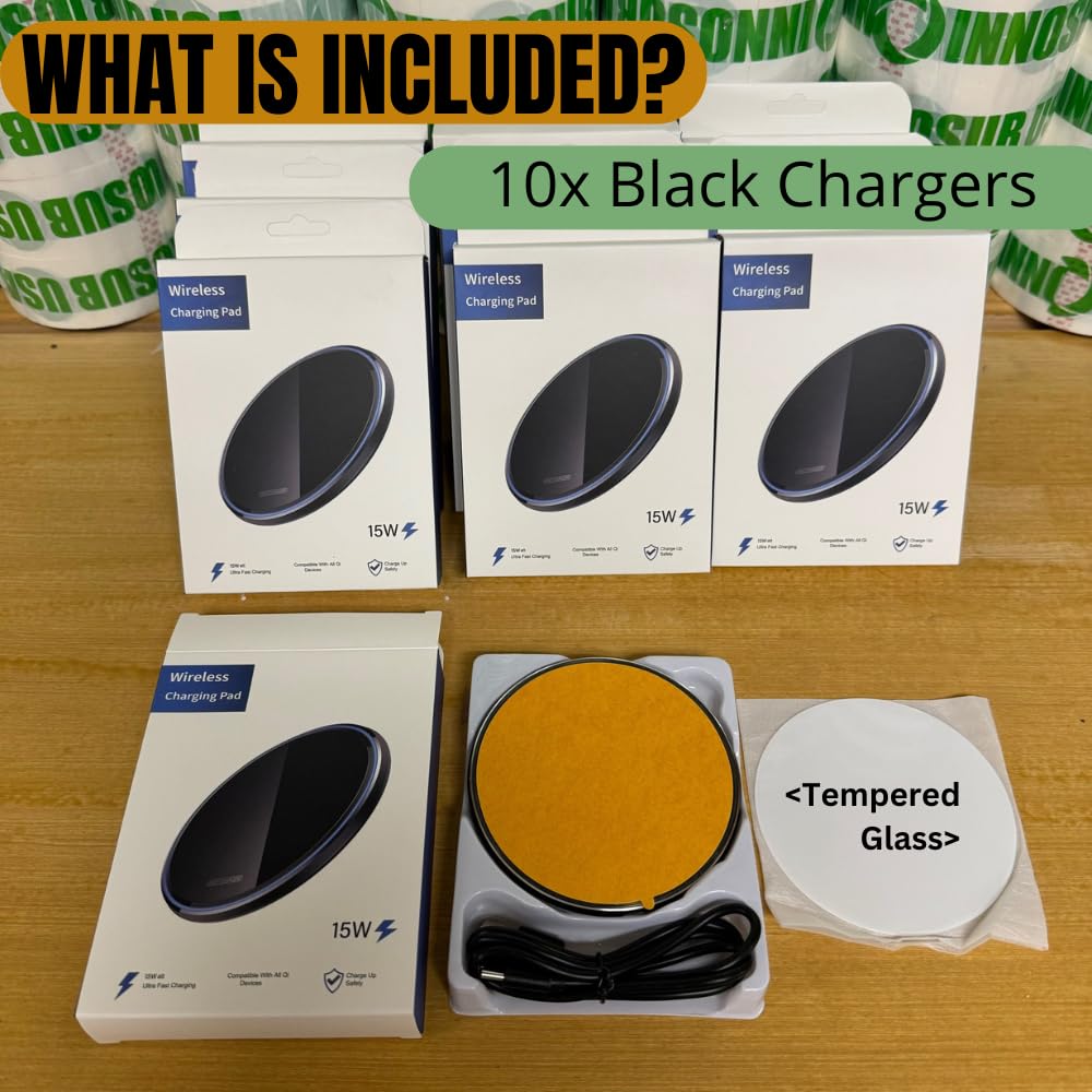 INNOSUB USA Sublimation Wireless Charger [Pack of 10] LED Pad – Blank Wireless Charger for Sublimation and Customization – Black 10W Fast ChargePad Compatible with iPhone, Samsung, QI-Enabled Devices INNOSUB