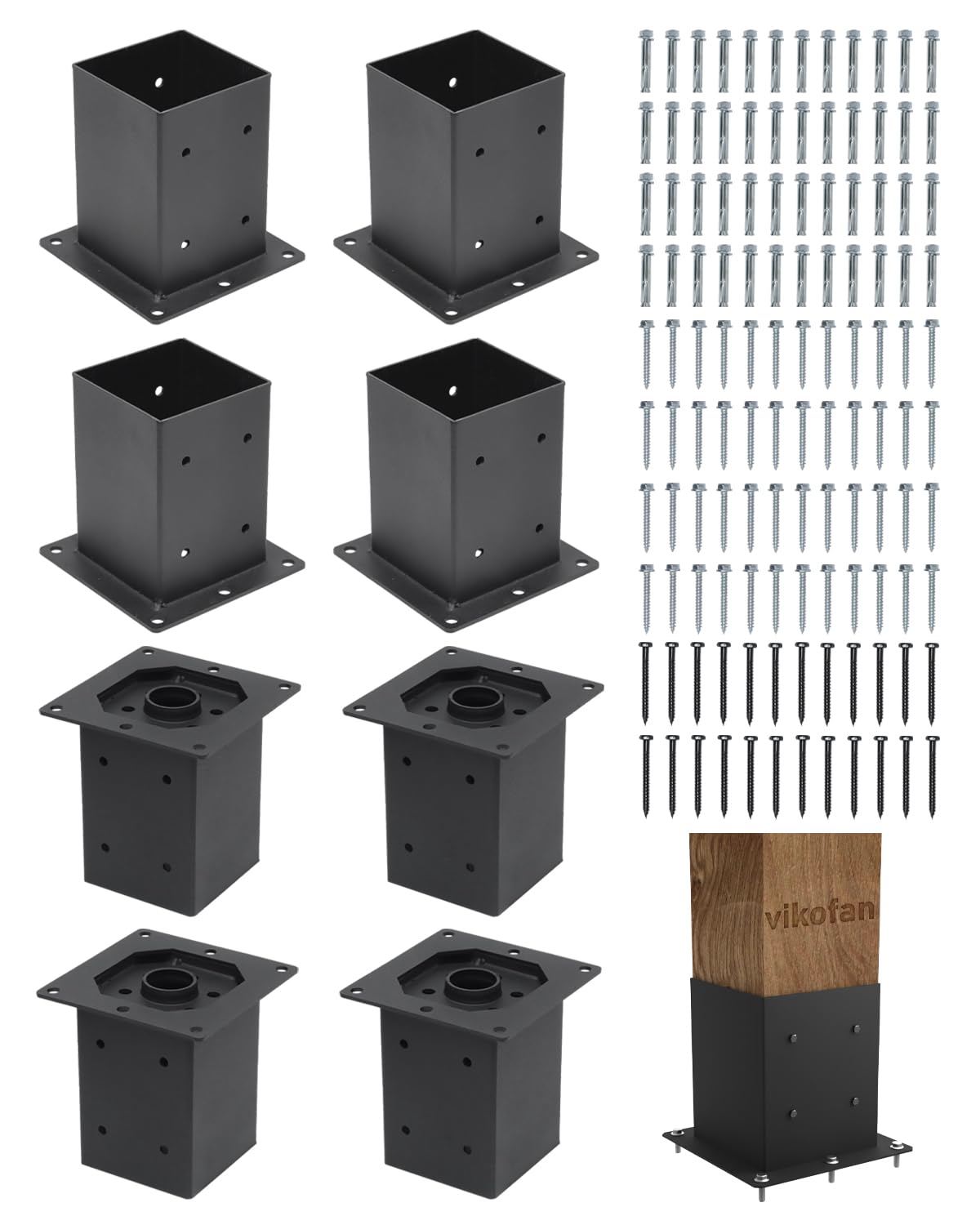 vikofan Heavy Duty 4x4 Post Base Kit - Black Powder-Coated Metal Post Brackets for 3.5"x3.5" Posts, Fit for Wood & Concrete Installations - Perfect for Deck, Fence, Mailbox, Pergola Supports (8-Pack) vikofan