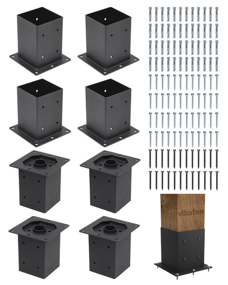 vikofan Heavy Duty 4x4 Post Base Kit - Black Powder-Coated Metal Post Brackets for 3.5"x3.5" Posts, Fit for Wood & Concrete Installations - Perfect for Deck, Fence, Mailbox, Pergola Supports (8-Pack) vikofan