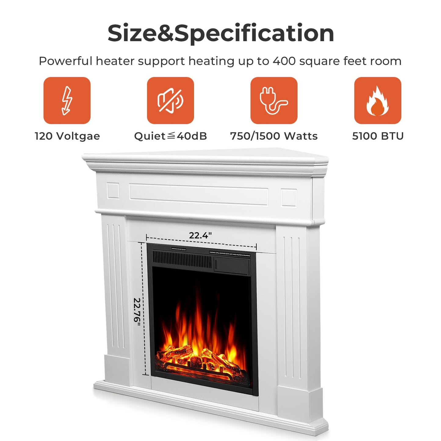 R.W.FLAME 43” Corner Electric Fireplace Mantel Wooden Surround Firebox, TV Stand with Freestanding Electric Fireplace, Remote Control, Adjustable Led Flame, 750W/1500W Pearl White