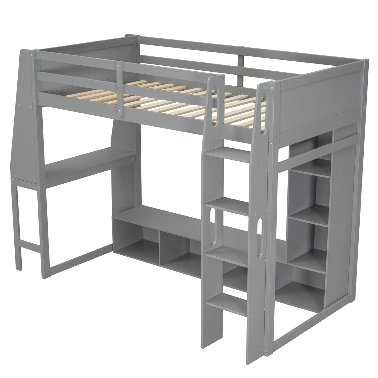 MaiDeHaoo Modern Twin Size Gaming Loft Bed with Desk and Storage, Wood LED Loft Bed Frame with Workstation and Hanging Clothes Rack for Adults Teens- Gray MaiDeHaoo