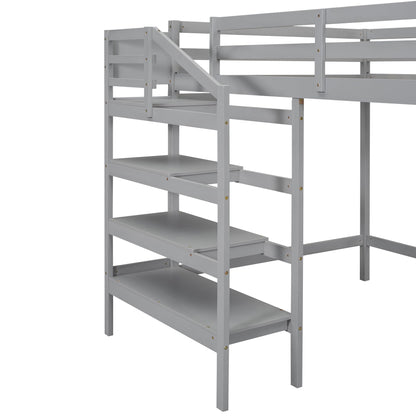 SOFTSEA Grey Full Size Loft Bed with Storage Stairs and Hanger for Kids and Adults - WoodArtSupply