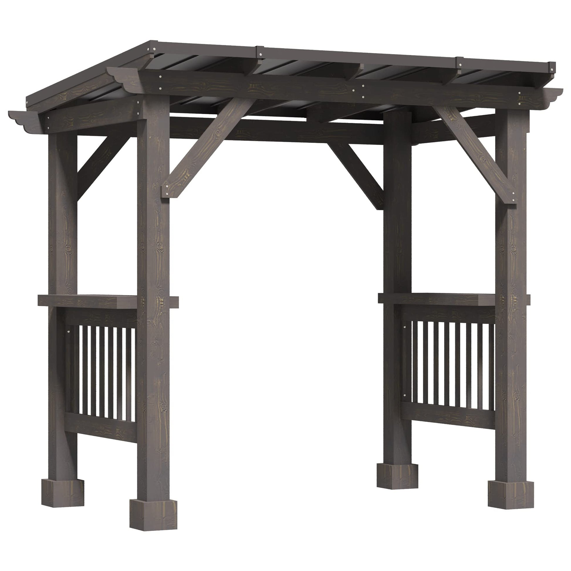 Outsunny 8' x 5' BBQ Grill Gazebo with 2 Side Shelves, Outdoor Hardtop Barbecue Barrier with Slanted Steel roof, Solid Wood Frame - WoodArtSupply