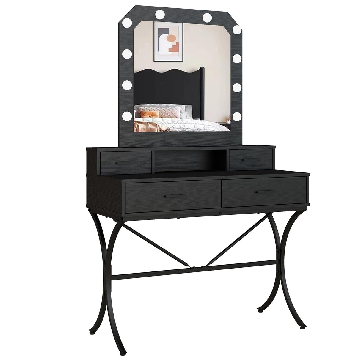Vanity Table with Lighted Mirror, Modern Makeup Vanity Table with 10 Lights Makeup Desk 4 Drawer Storage Dressing Table for Bedroom (Black) Panana