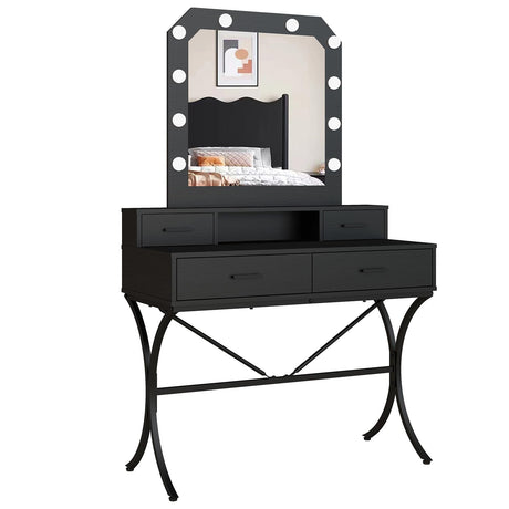 Vanity Table with Lighted Mirror, Modern Makeup Vanity Table with 10 Lights Makeup Desk 4 Drawer Storage Dressing Table for Bedroom (Black) Panana