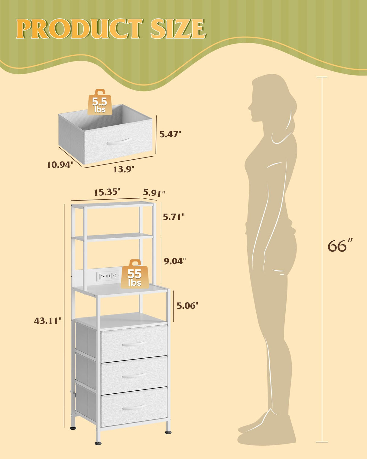 WLIVE Tall White Nightstand with Charging Station, LED Night Stand with 3 Fabric Drawers and Storage Open Shelves, Bedroom Nightstand Table, Bed Side Table for Living Room WLIVE