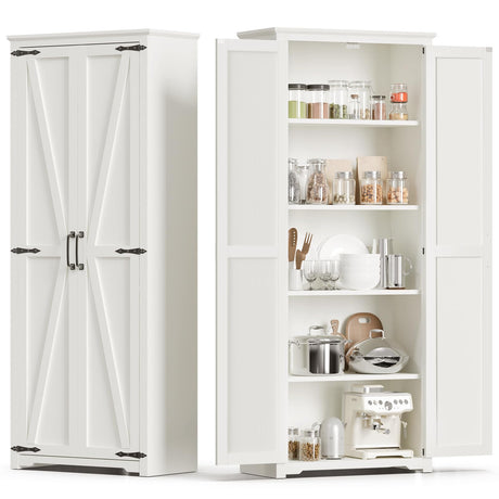 Teekyooly 70" Tall Kitchen Pantry, Farmhouse Storage Cabinet with 2 Barn Doors and 5 Adjustable Shelves, Rustic Wood Cupboard for Kitchen, Dining Room, Bathroom, Off White Teekyooly