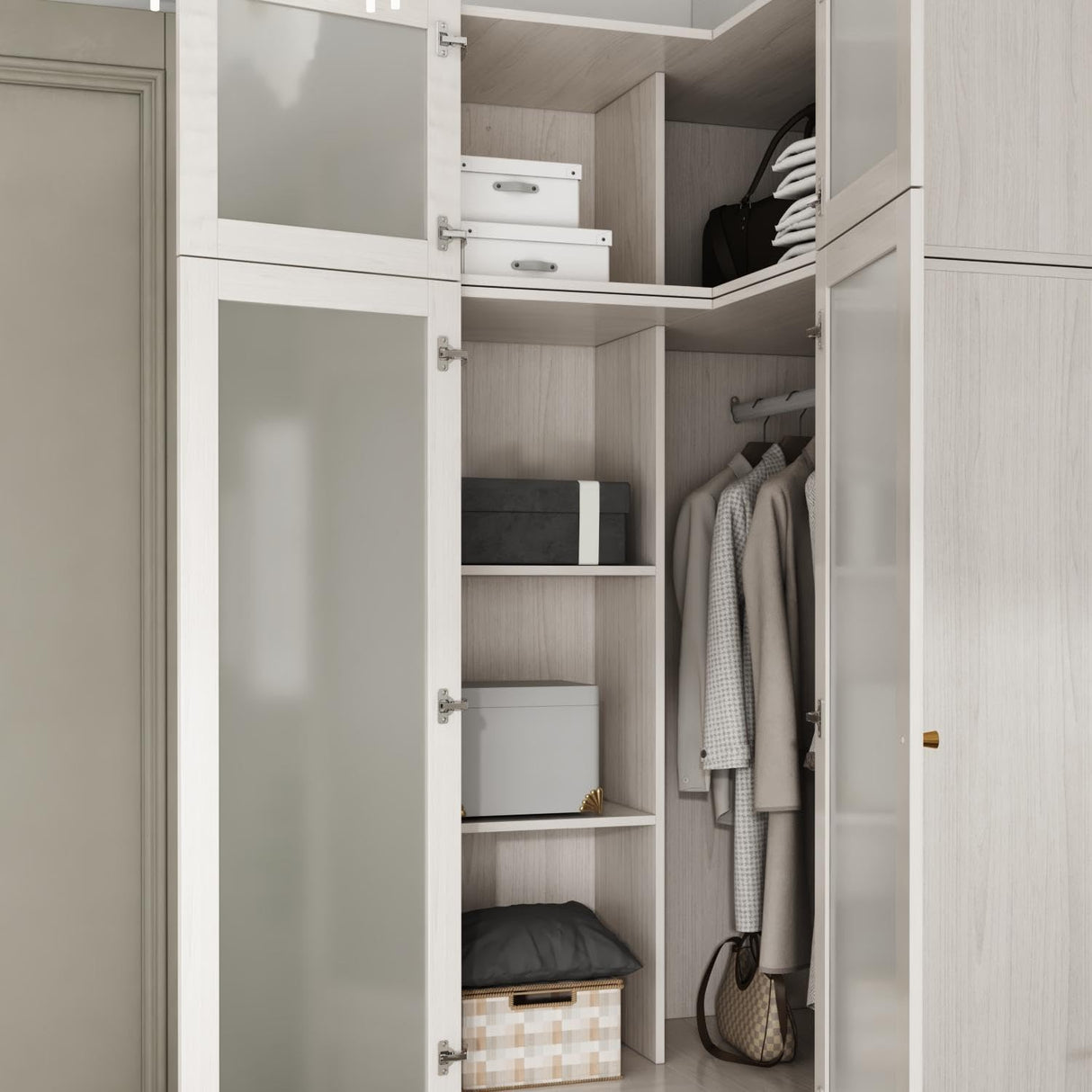 TAMUNE L-Shape Wardrobe Armoire Closet with Hanging Rod & Shelf, Bedroom Armoire with Frosted Glass Doors, Top Cabinets & Gold Knobs, Wood Grain, 35.4”D x 35.4”W x 86.6”H TAMUNE