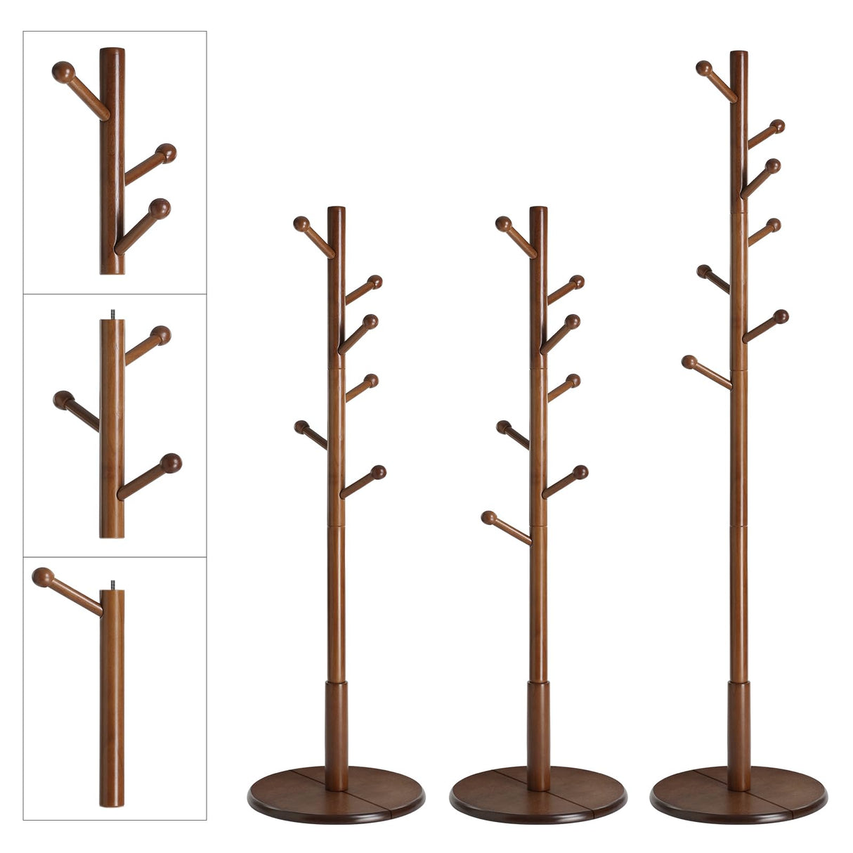 VASAGLE Solid Wood Coat Rack, Wood Hall Tree, Coat Rack Stand with 7 Rounded Hooks, Stable Round Base, 3 Height Options, for Living Room, Bedroom, Home Office, Dark Walnut URCR07WN VASAGLE