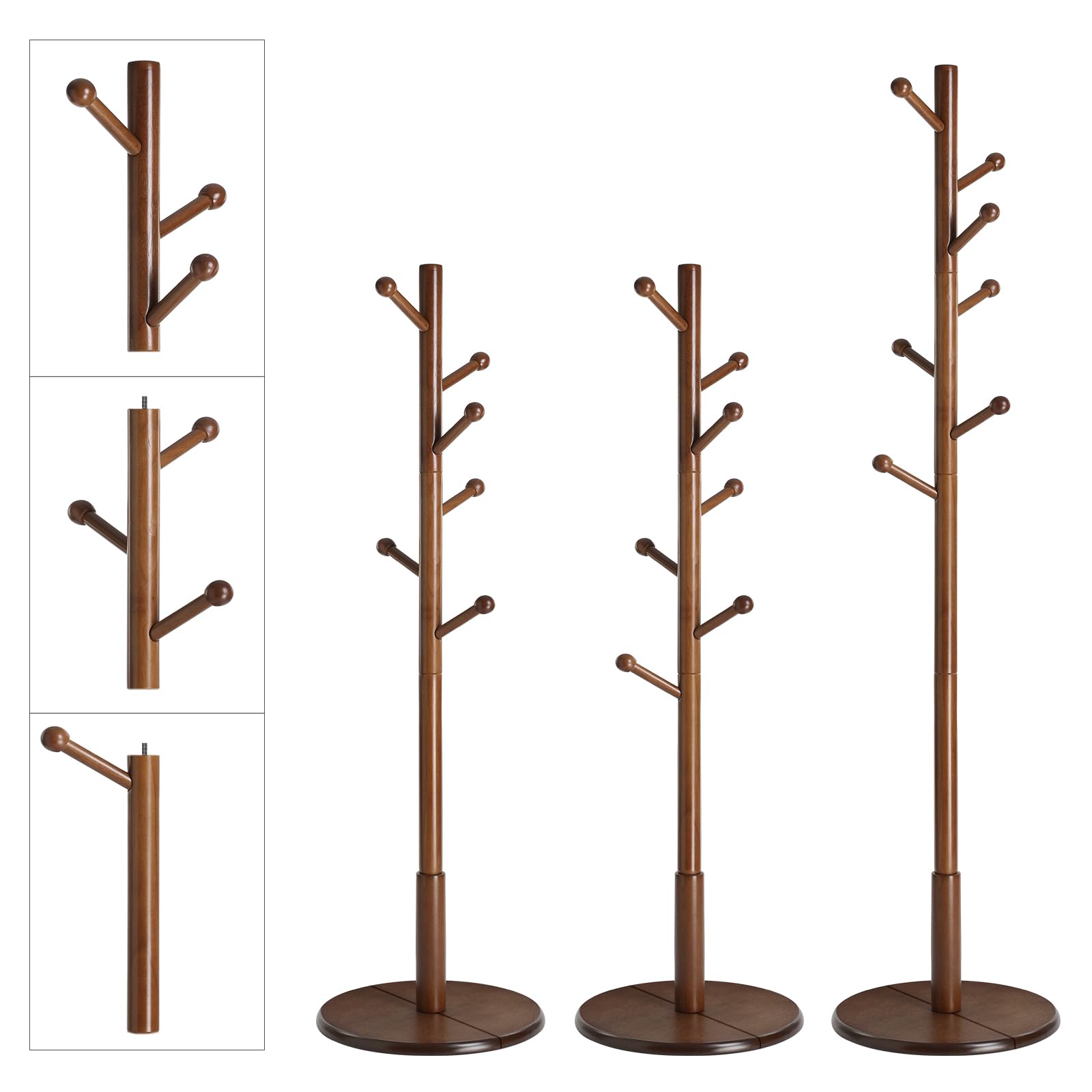 VASAGLE Solid Wood Coat Rack, Wood Hall Tree, Coat Rack Stand with 7 Rounded Hooks, Stable Round Base, 3 Height Options, for Living Room, Bedroom, Home Office, Dark Walnut URCR07WN - WoodArtSupply