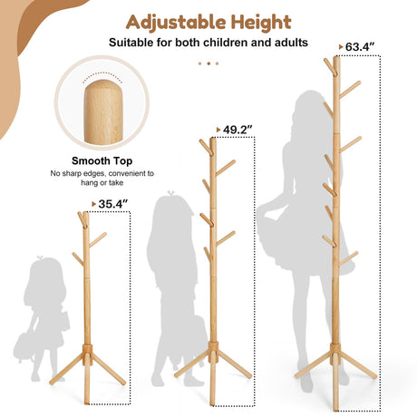 Cozivolife Kid's Coat Rack Stand Beech Wood Clothes Tree, Height Adjustable Freestanding Child Jacket Holder with 9 Hooks, Hanging Hats and Handbags, Hallway, Entryway,Bedroom, Easy Assembly (Natural) Cozivolife
