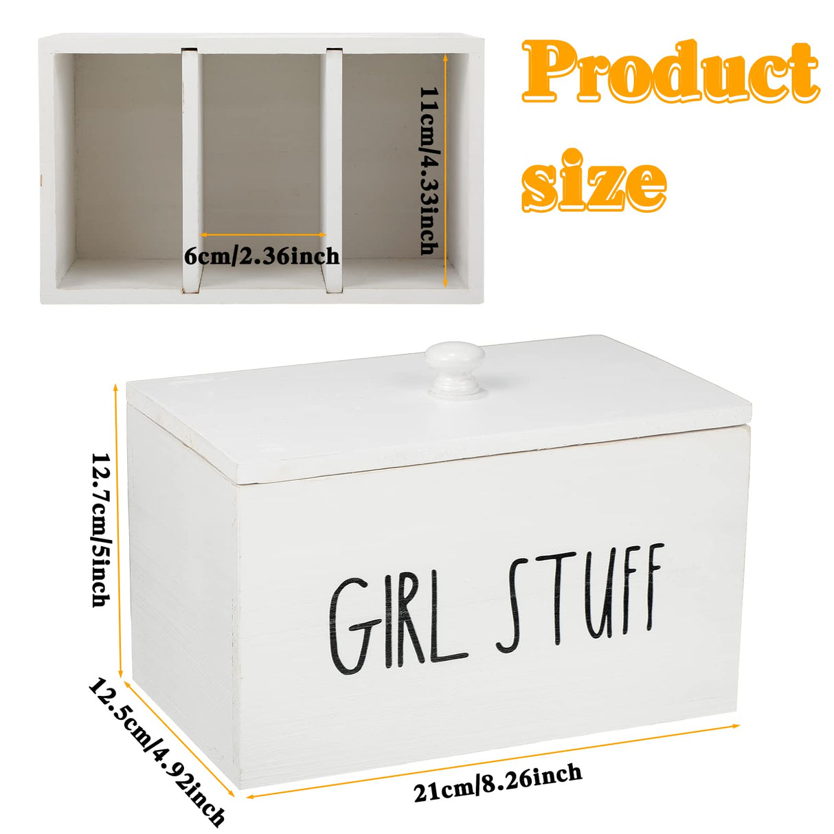 Otuuz Tampon Holder for Bathroom with Lid Tampon Storage Pad Container for Bathroom Feminine Product Organizer Wood Farmhouse Bathroom Organizer Countertop Storage Box Movable Partition(Blank Style) Otuuz