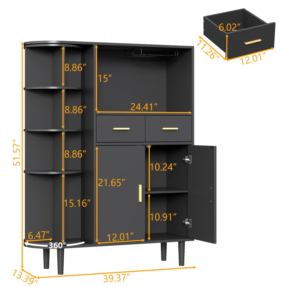 Kitchen Pantry Storage Cabinet with Charging Station and LED Lights, Freestanding Buffet Cabinet with Wine Glass Holder,Kitchen Hutch Cabinet with Rotation 4-Tier Storage Rack for Kitchen(Black) Gyfimoie