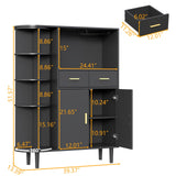 Kitchen Pantry Storage Cabinet with Charging Station and LED Lights, Freestanding Buffet Cabinet with Wine Glass Holder,Kitchen Hutch Cabinet with Rotation 4-Tier Storage Rack for Kitchen(Black) Gyfimoie