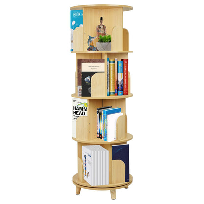 Ybaymy 4-Tier 360° Rotating Bookshelf Tower with Legs - Space-Saving Floor-Standing Wood Organizer for Living Room and Bedroom - WoodArtSupply